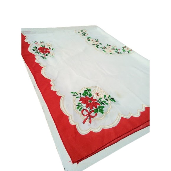Vintage Christmas Poinsettia Tablecloth Square White Red Floral Holiday Decor - Picture 1 of 3